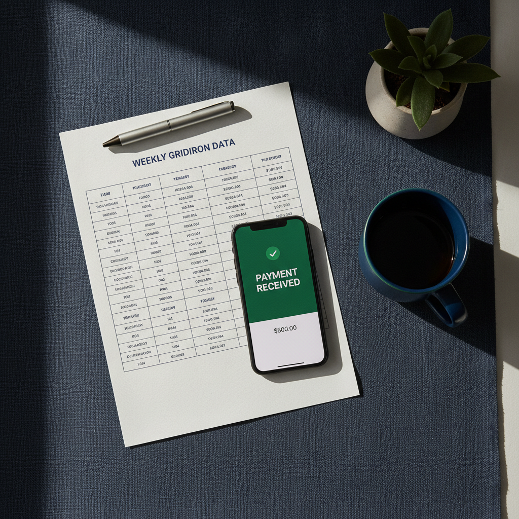 Commissioner's desk: printed matchup stats, smartphone showing payment confirmation, ceramic coffee mug and pen on dark navy linen